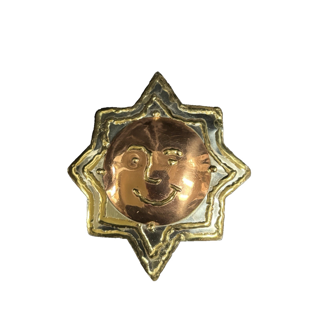 Vtg Large Sun Brooch Pendant Mixed Metal Copper Brass Happy Sun Made in Mexico